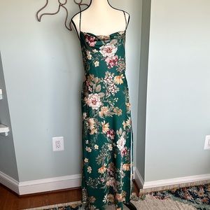 Green Floral Satin Dress w/ open back